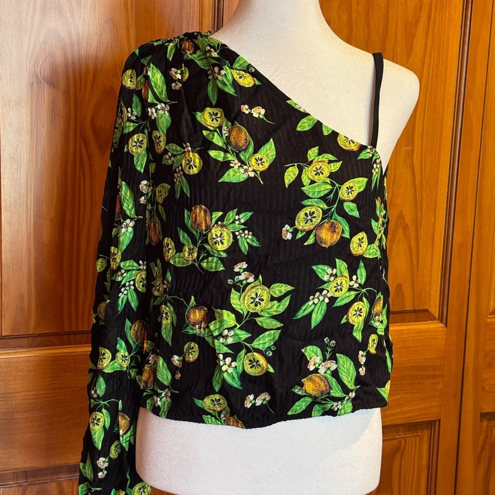 Cami NYC Black and Green Floral One-Shoulder Blouse